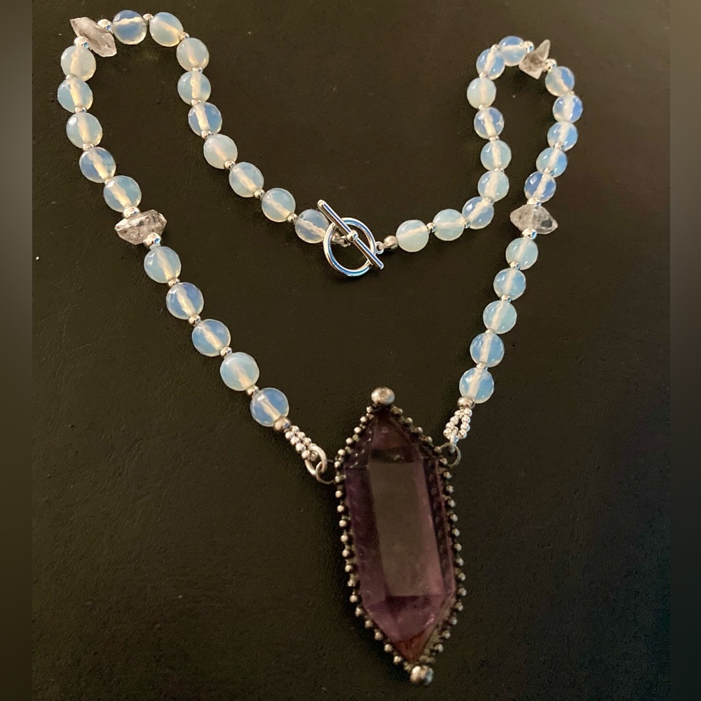 Amethyst , Herkimer diamonds crystal quartz & blue opalite beads boho necklace - Picture 2 of 16